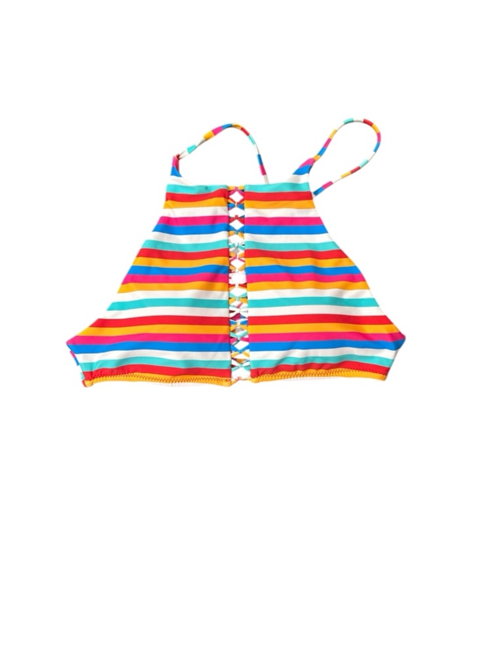 Raisins Striped Rainbow Lace-Up Halter Swim Top NWT size M
